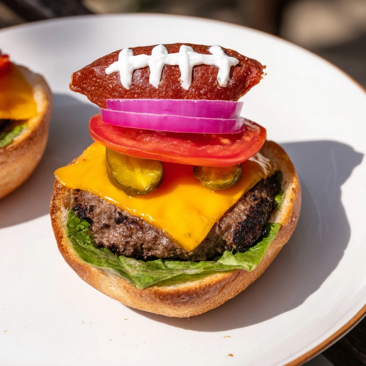 Golden-brown American Football Oval Burger Platter, ready for game day with melted cheese and fresh toppings.