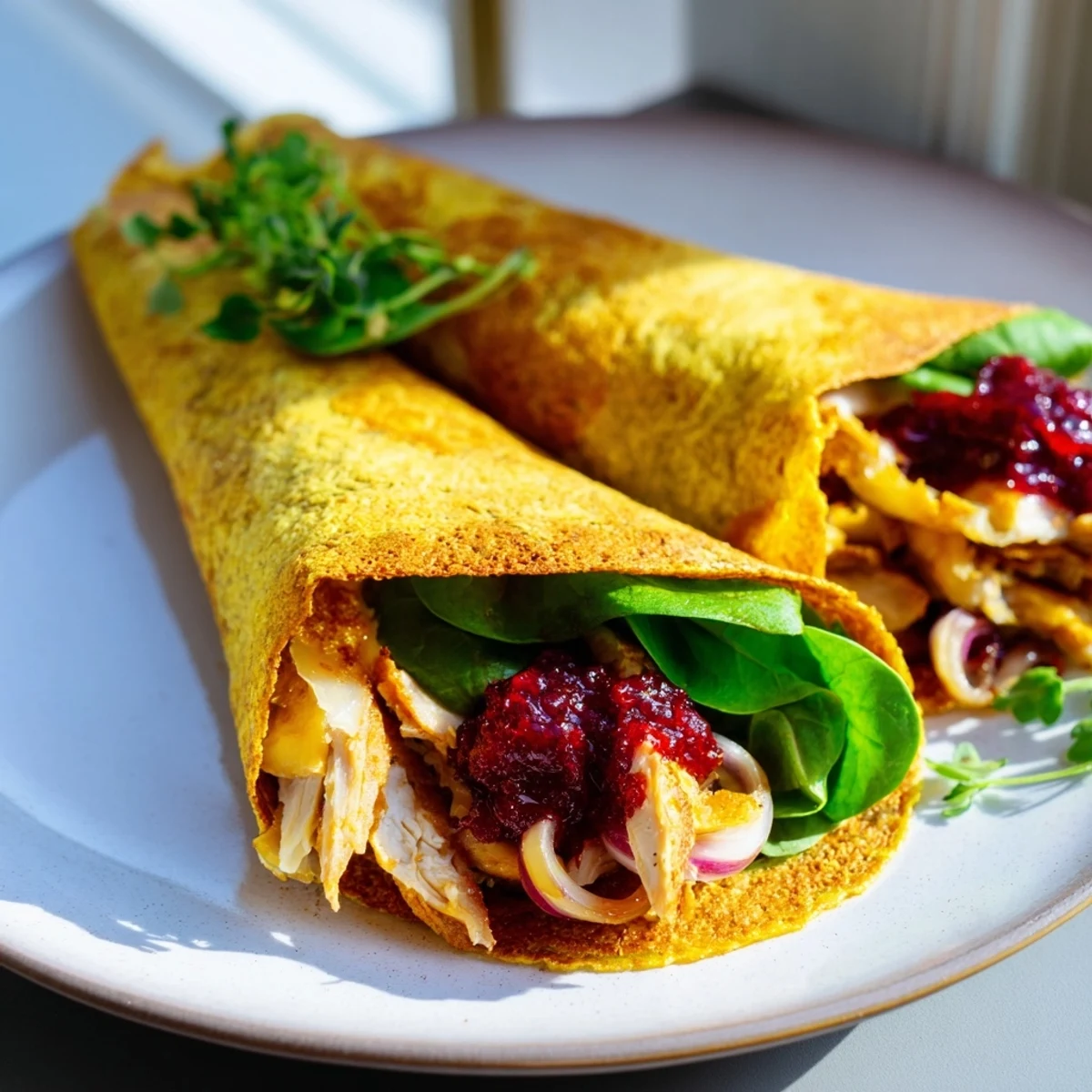 Warm, melty Chicken and Brie Holiday Wrap, showcasing savory chicken and melted brie with a cranberry drizzle.