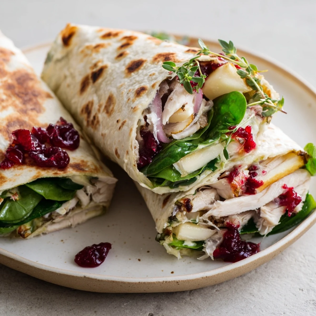 Golden brown Chicken and Brie Holiday Wraps, ready to eat, with spinach peeking from a toasted tortilla.