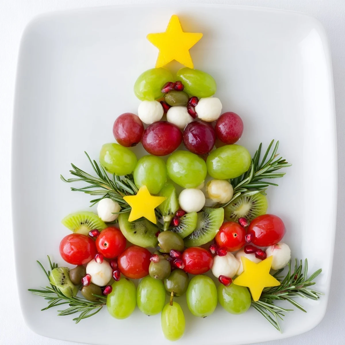 Christmas Tree Triangle Board filled with fresh green grapes, olives, and kiwi, perfect for holiday snacking.
