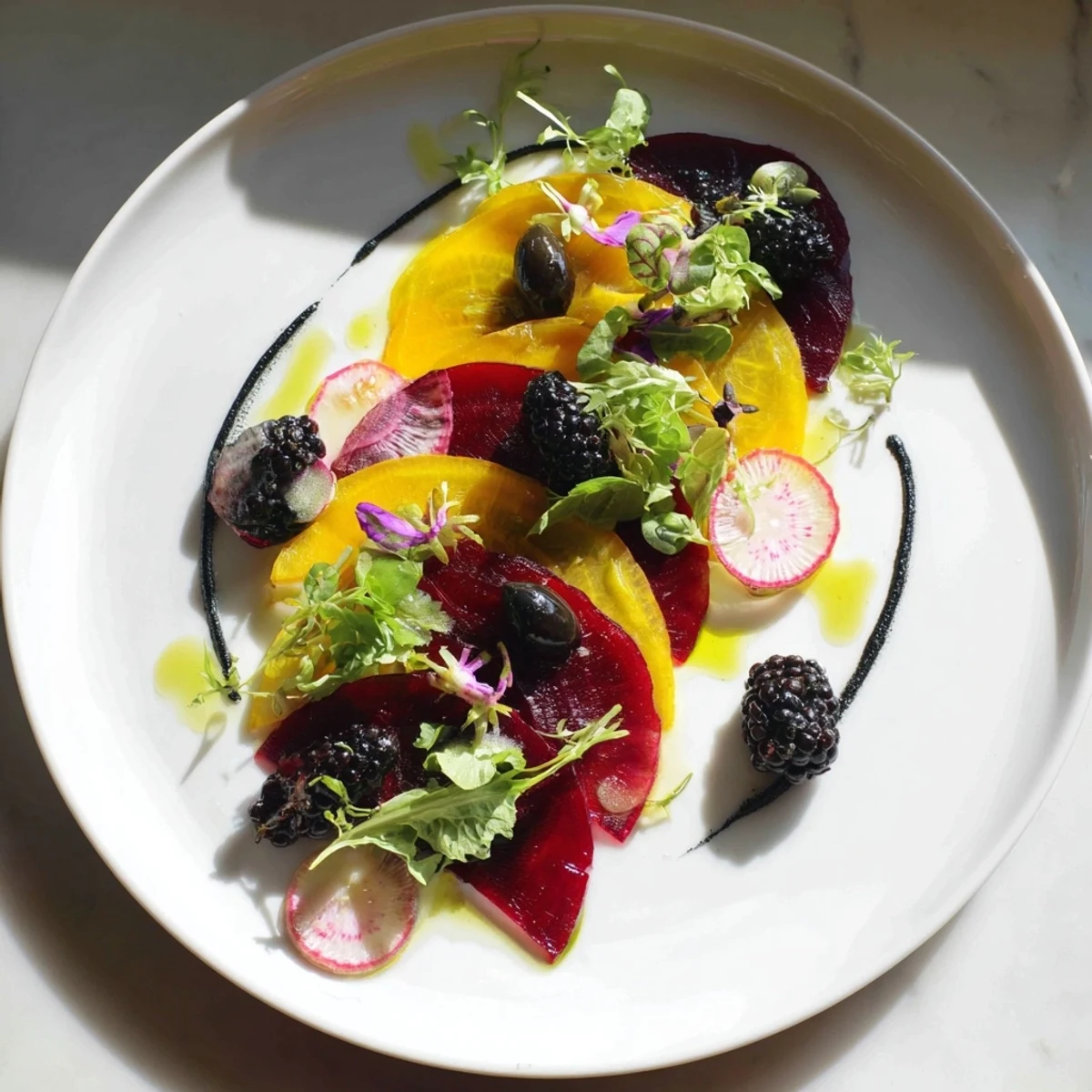 Beautifully arranged "Shadow Play" appetizer with golden beets, blackberries, and black olives.