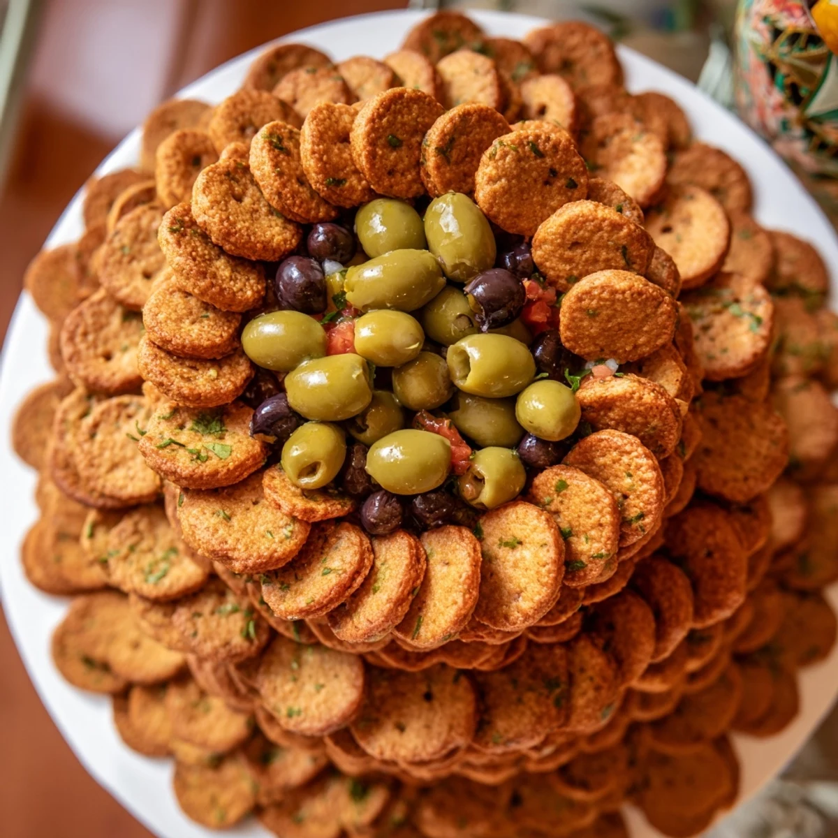 The Roman Colosseum snack platter features a beautiful cracker structure with dark olive gladiators ready!
