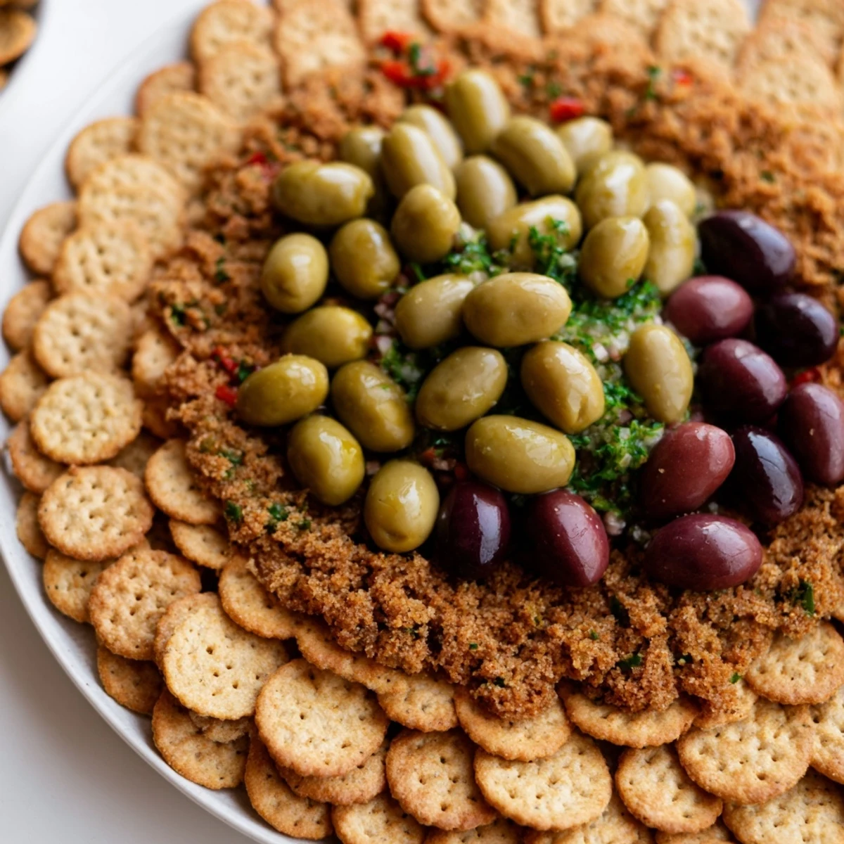 This amazing Roman Colosseum snack platter showcases olives arranged like fierce gladiators on a cracker base.