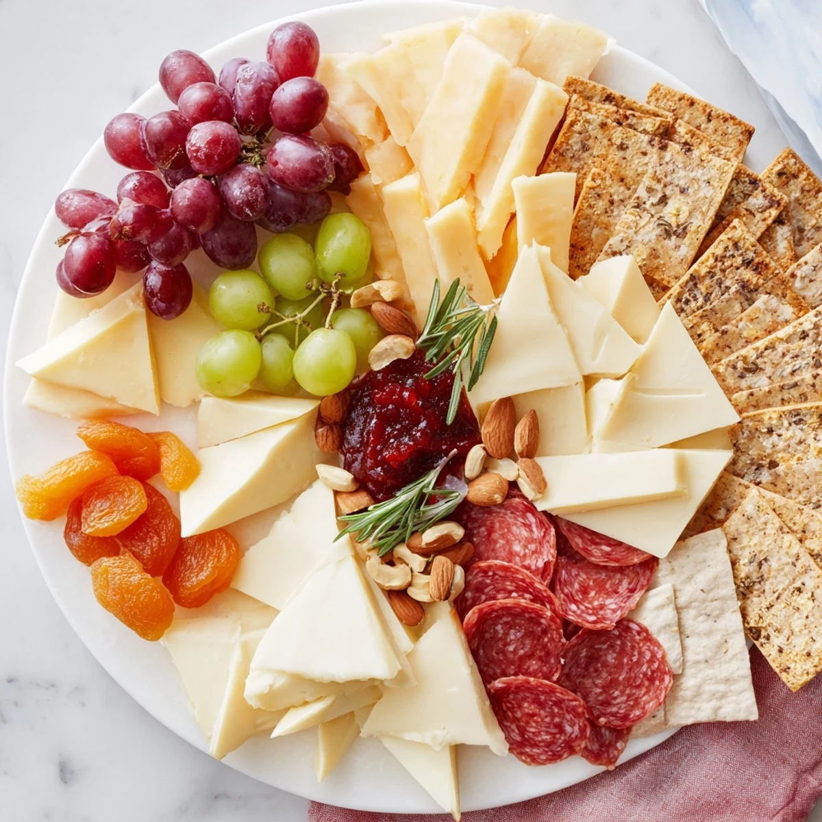 Appetizing Geometric Gala appetizer: Triangle Manchego and rhomboid chorizo mingle on an elegant serving platter.