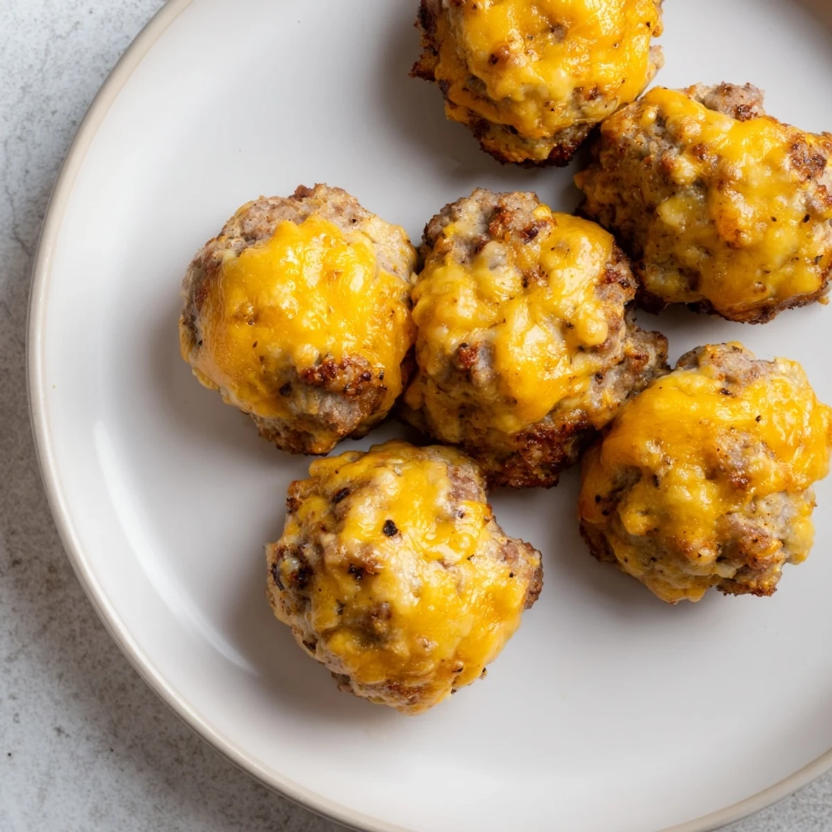 Cheesy Chicken and Sausage Bisquick Balls, ready to be served warm; a delicious, easy snack recipe.