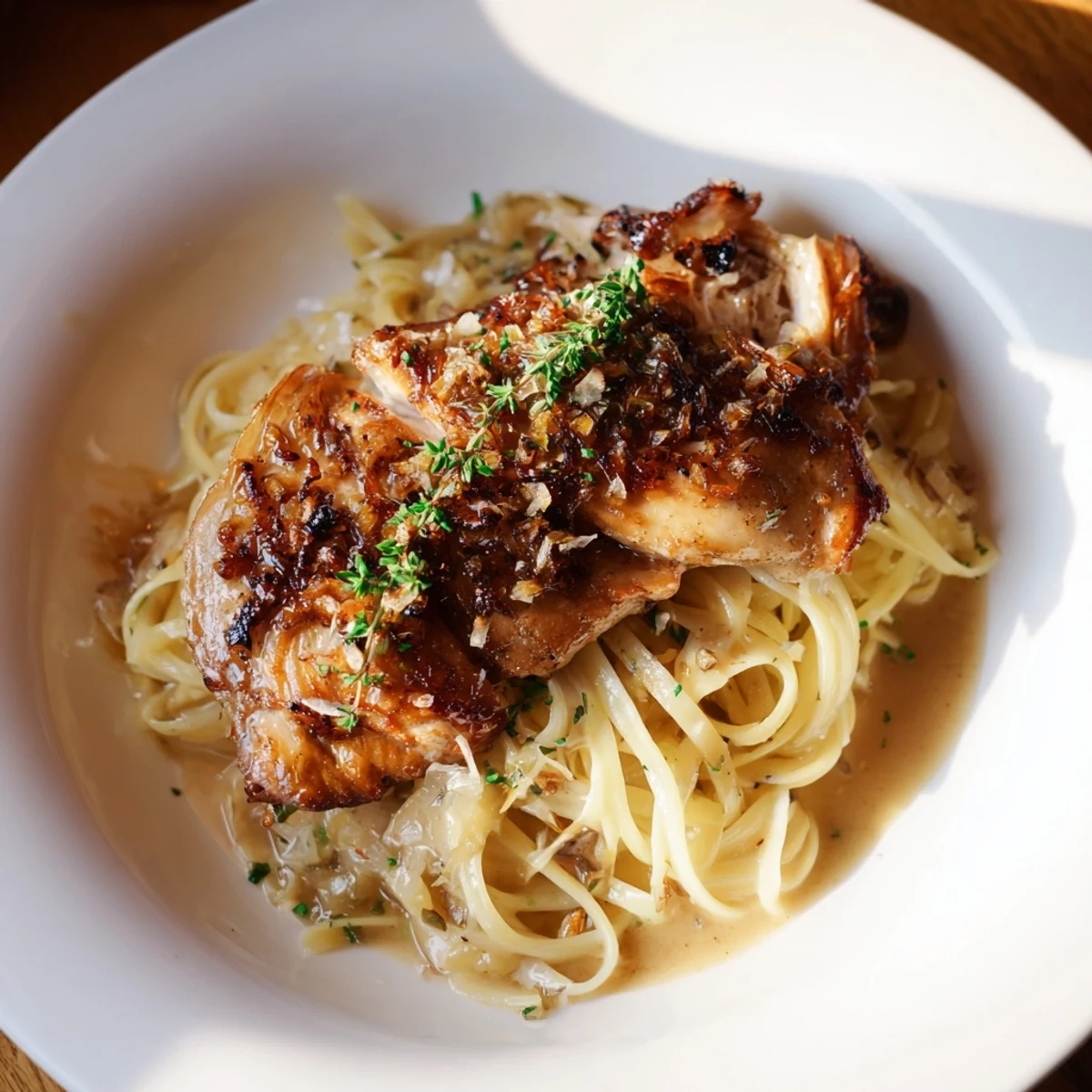 Golden-brown Lemon Brûlée Chicken atop creamy pasta, a delicious recipe for dinner tonight.