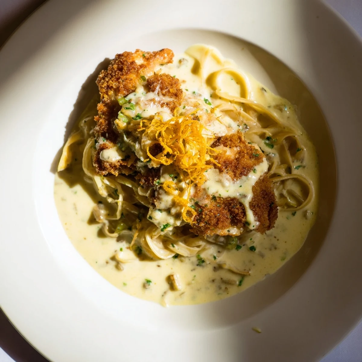 Fresh parsley garnishes the vibrant Lemon Brûlée Chicken pasta, a bright and flavorful dish.