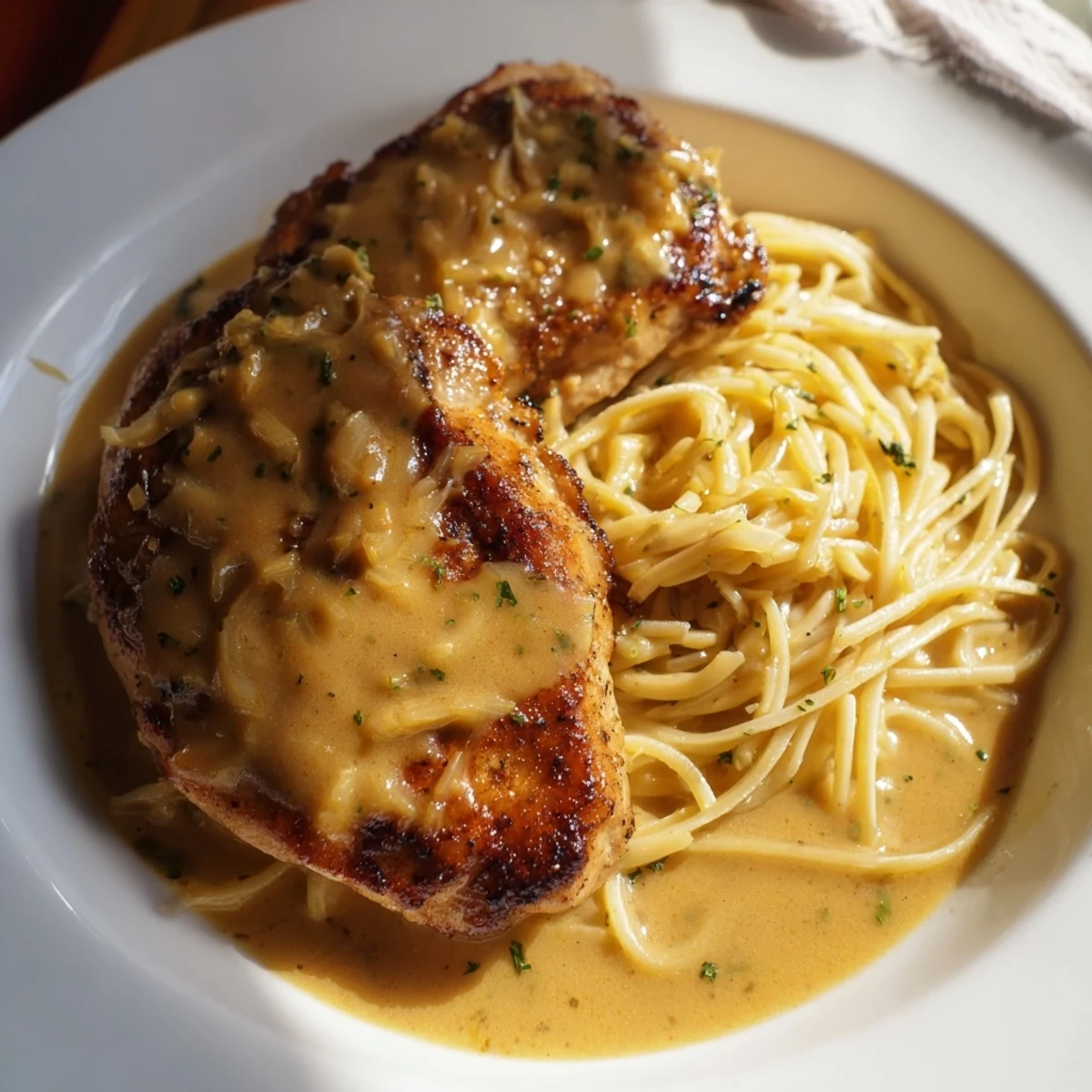 A close-up of pasta with Lemon Brûlée Chicken, showcasing the caramelized sugary chicken crust.