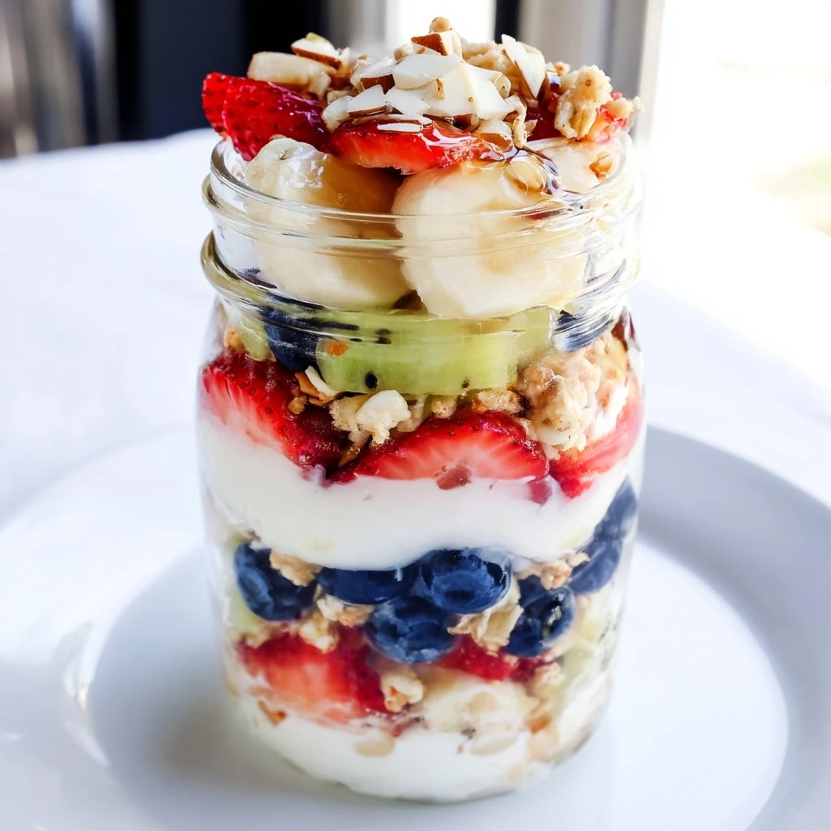 Image of a layered yogurt fruit parfait: colorful fresh berries nestled with creamy yogurt and crunchy granola.