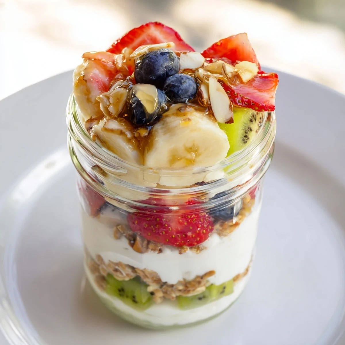 This layered yogurt fruit parfait shows a refreshing combination of sweet fruit and yogurt, perfect for breakfast.