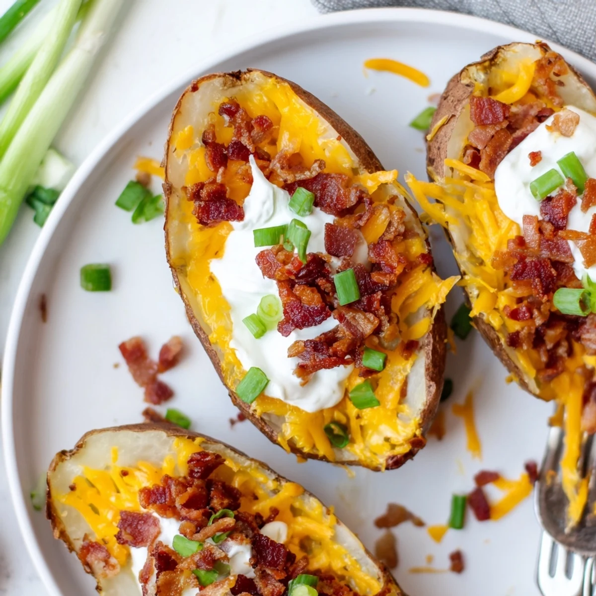 A close-up of fully loaded Baked Potato Skins, showcasing melted cheese and crumbled bacon with cool sour cream.