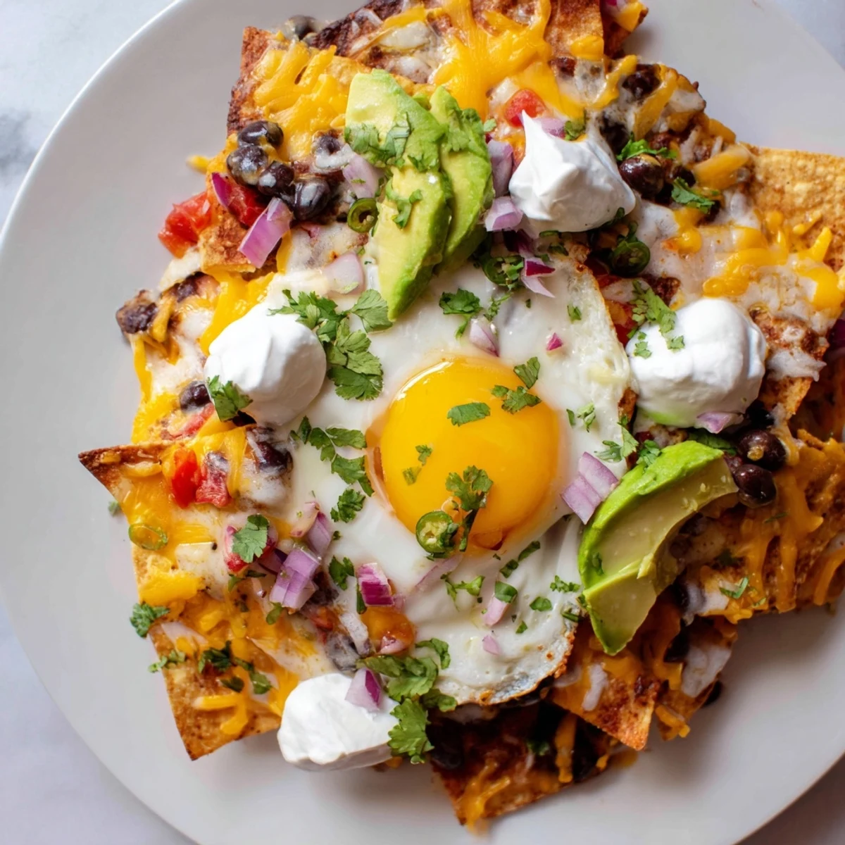 Golden yolk eggs crown these flavorful Egg-Topped Breakfast Nachos, a Tex-Mex delight perfect for brunch.