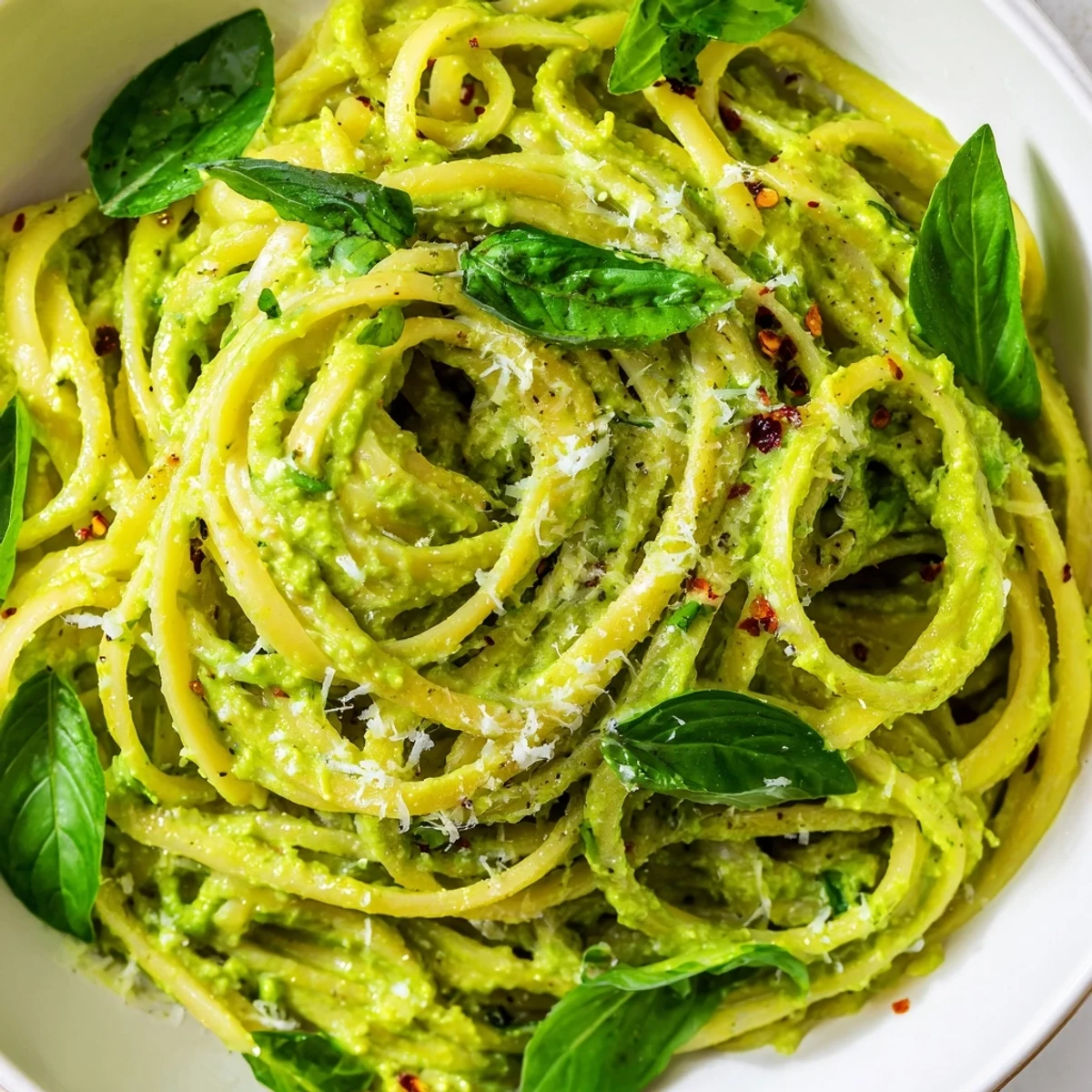 Creamy avocado pasta, served in a bowl, showcasing the vibrant green sauce and fresh basil garnish.