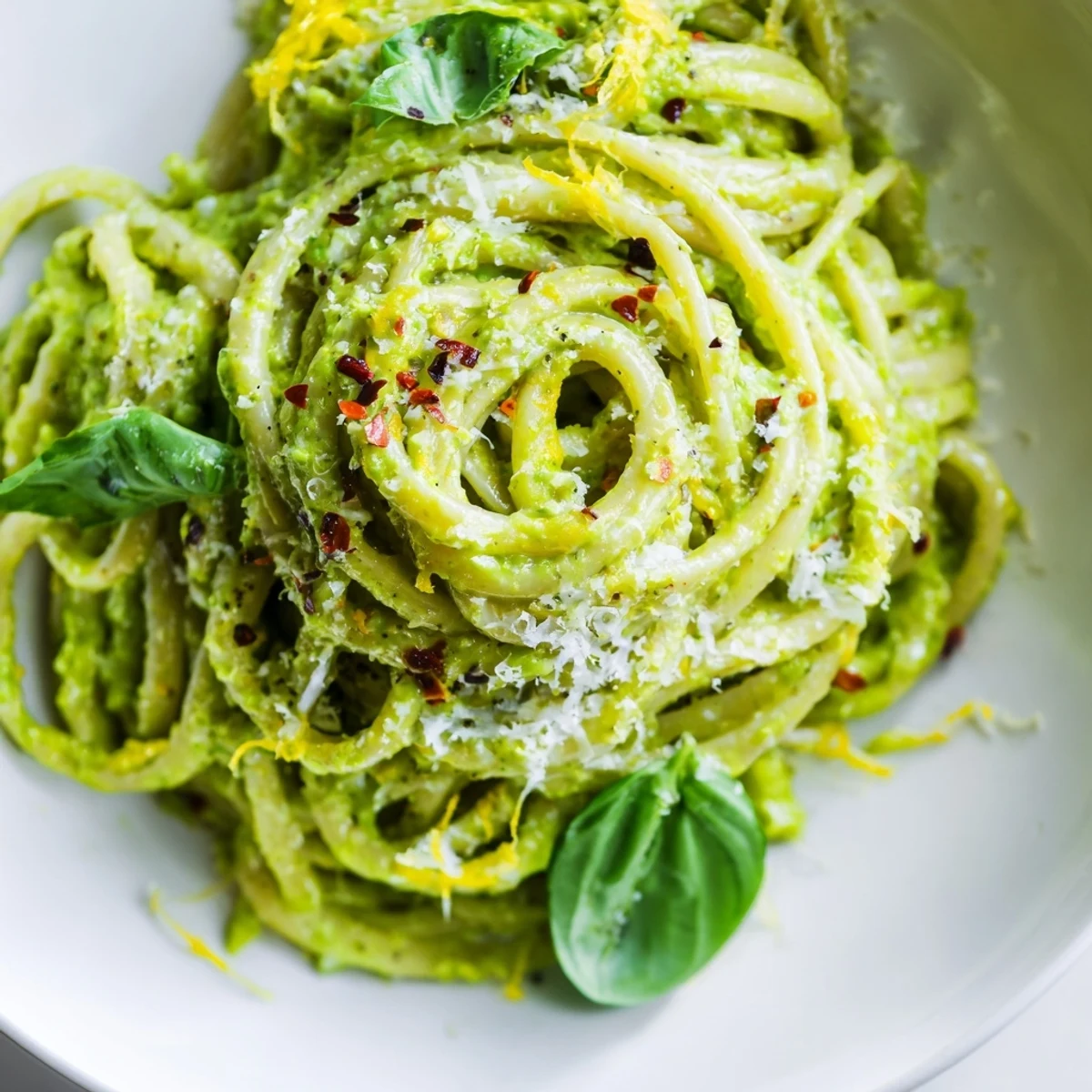 A close-up of the delicious creamy avocado pasta, perfectly highlighting the dish's textures and colors.