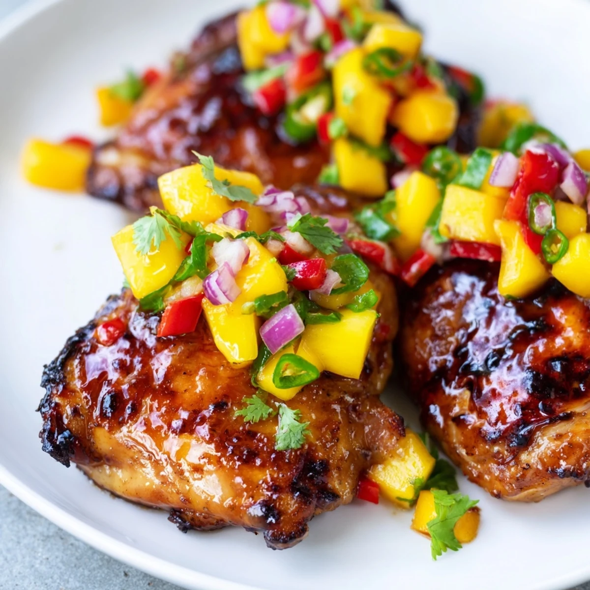 Grilled Mango Salsa Chicken breasts, glistening from the grill, topped with vibrant, fresh mango salsa.