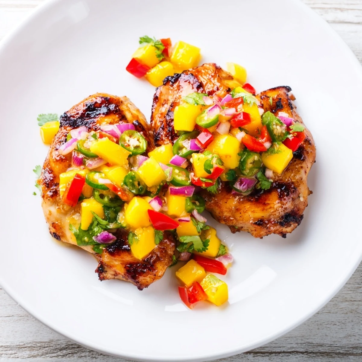 A close-up of beautifully plated Grilled Mango Salsa Chicken, bursting with tropical flavors, ready to enjoy.