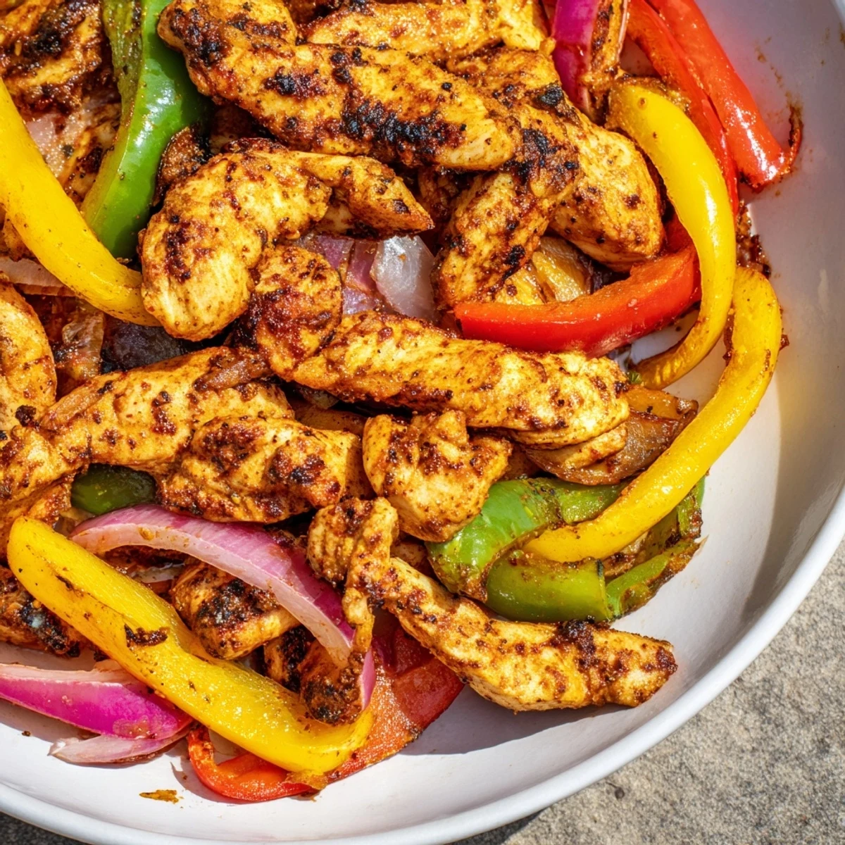 Sheet-Pan Chicken Fajitas, sizzling with perfectly cooked chicken and colorful roasted peppers on a sheet.