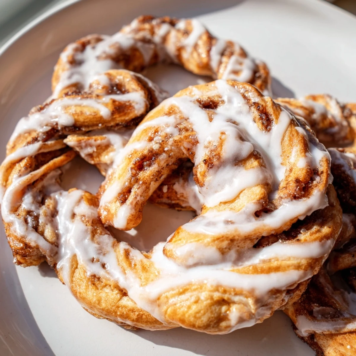 Flaky, air fryer cinnamon roll twists, swirled with cinnamon sugar, ready to be drizzled with glaze.