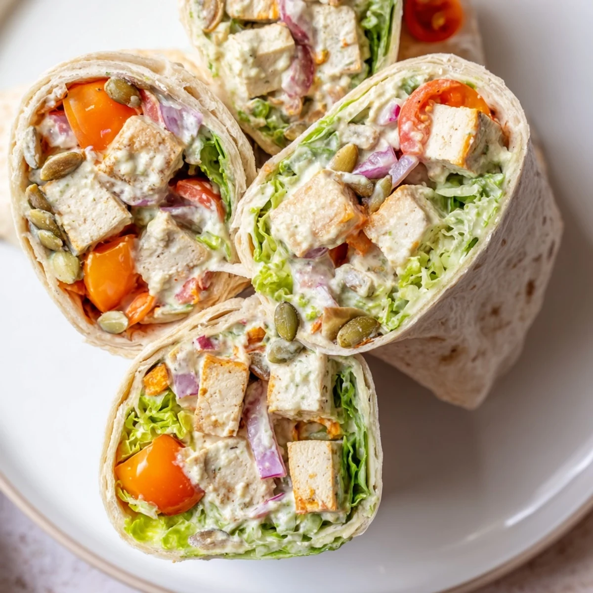 Vibrant High-Protein Chicken-less Caesar Wrap, stuffed with veggies and creamy dressing, perfect for lunch.