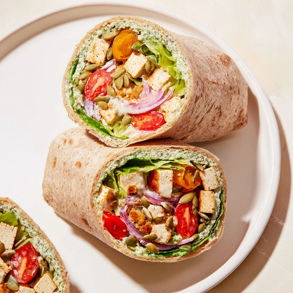 This High-Protein Chicken-less Caesar Wrap features a delicious wrap ready to be sliced and served.