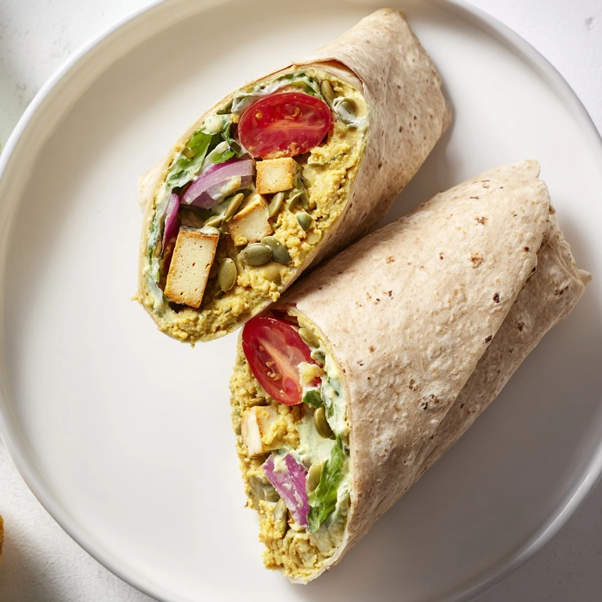 A hearty High-Protein Chicken-less Caesar Wrap, showing the filling's texture with colorful tomatoes and greens.