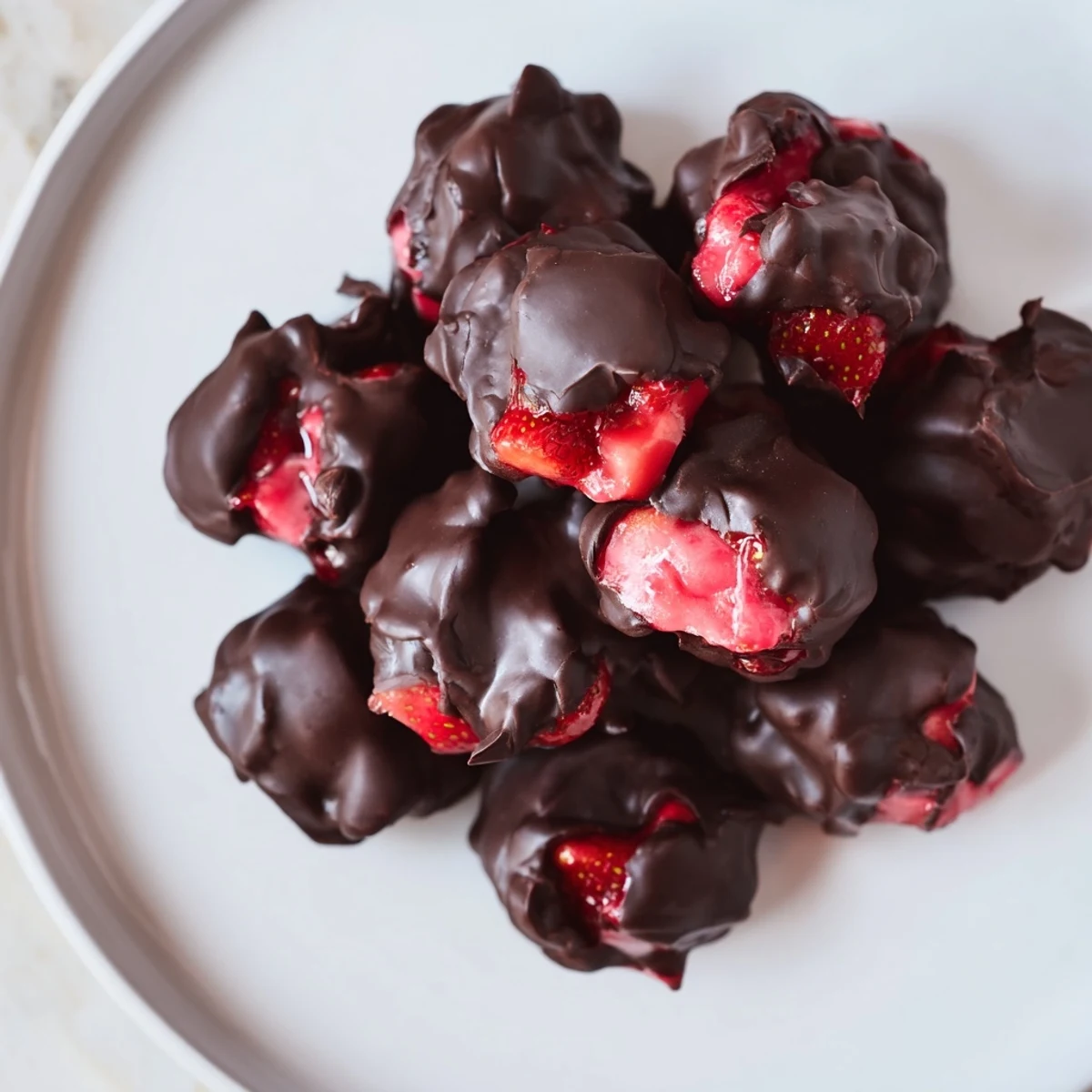 Crisp chocolate coats creamy Strawberry Yogurt Clusters; perfect for a healthy, satisfying snack!