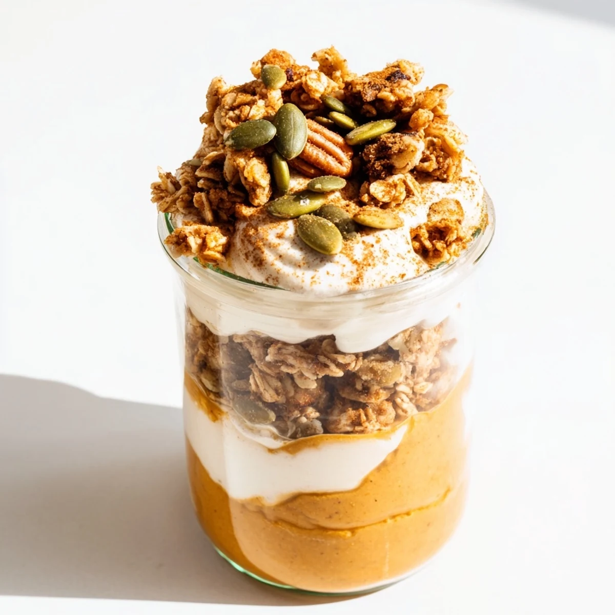 Layered Pumpkin Yogurt Parfait, showing thick Greek yogurt and spiced pumpkin puree with crunchy granola.