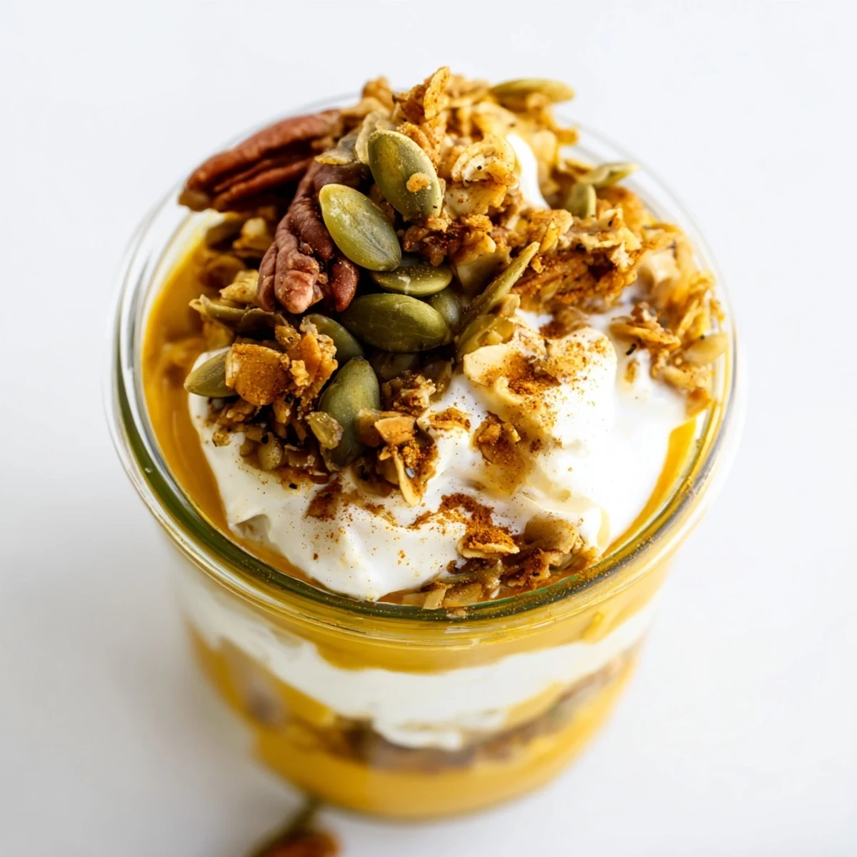 A refreshing close-up of a Pumpkin Yogurt Parfait, ready to eat alongside a warm drink.