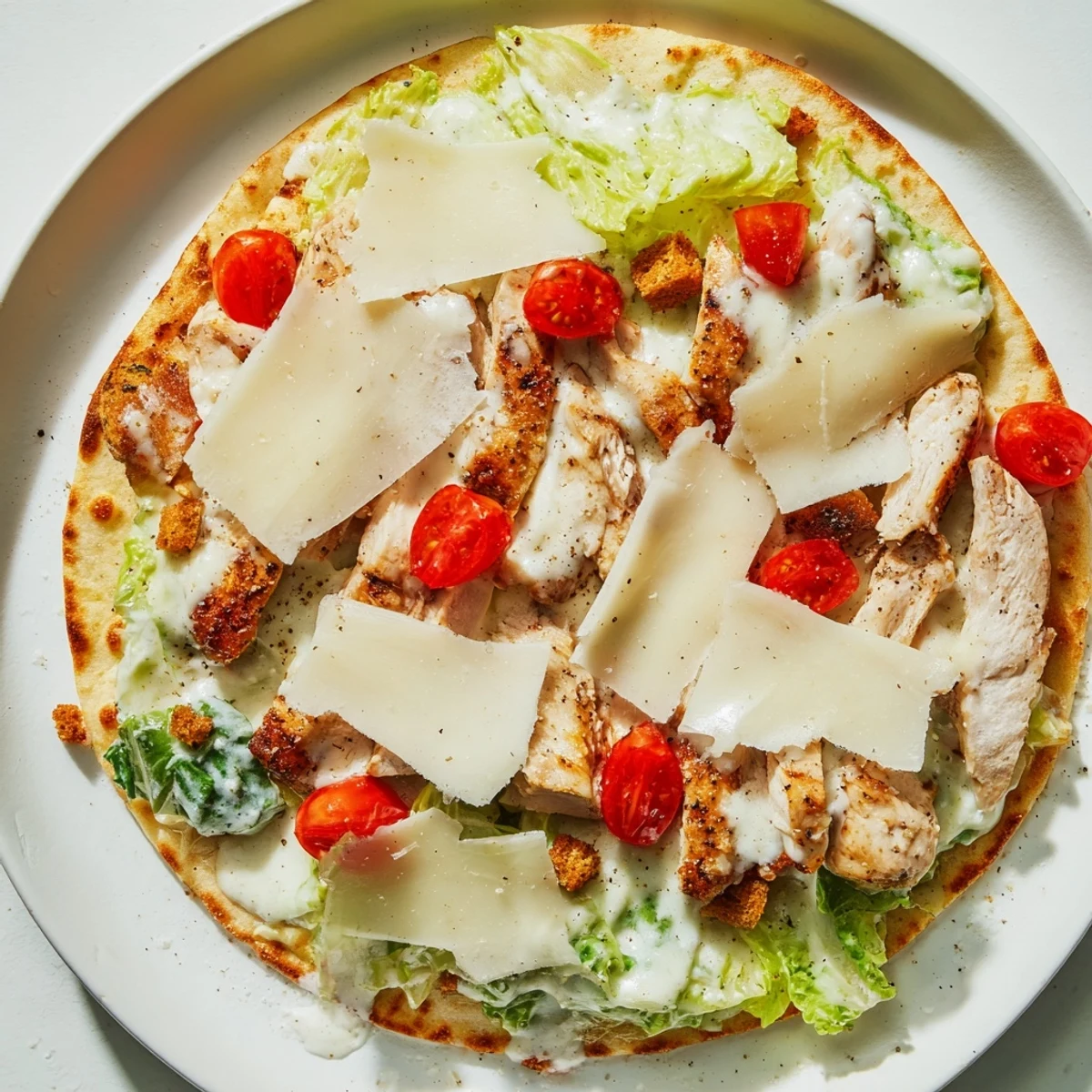 Golden-brown Chicken Caesar Flatbread boasts grilled chicken, Caesar, and melty mozzarella cheese.