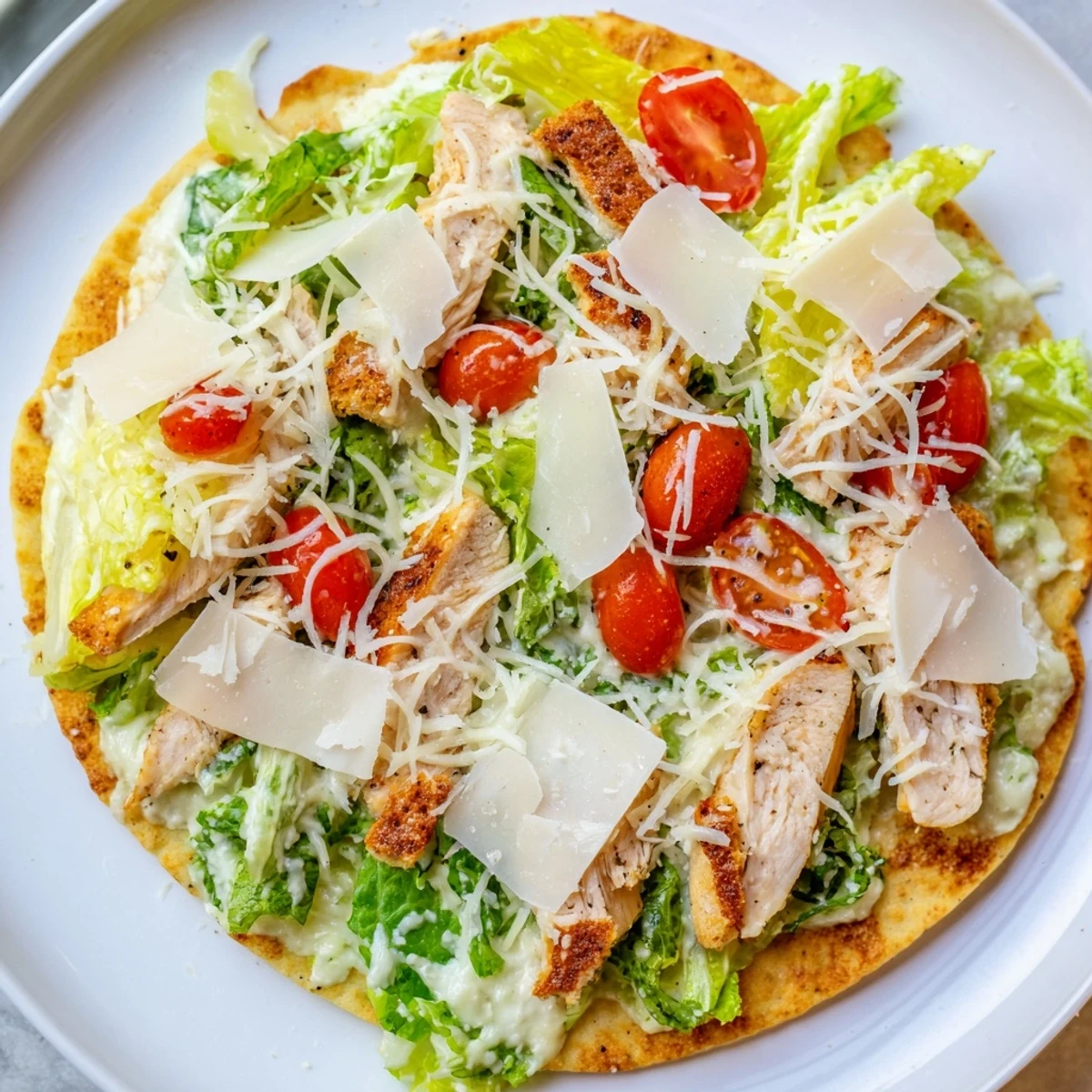 Homemade Chicken Caesar Flatbread, perfectly crispy, topped with crunchy croutons for a delicious meal.