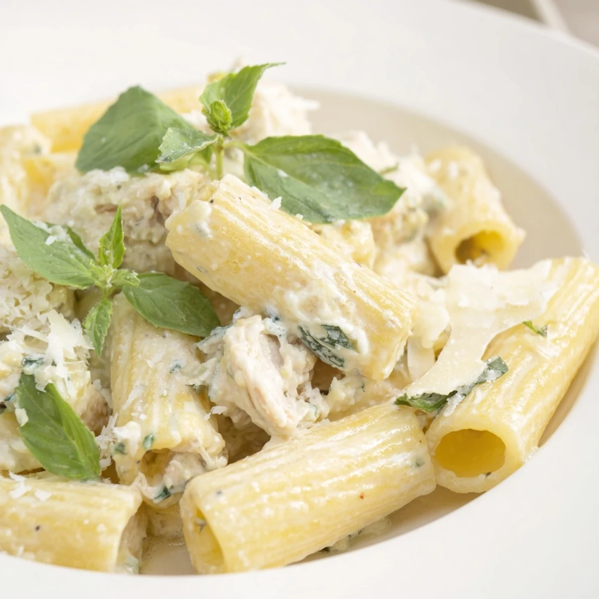 Vibrant image of hot Creamy Cottage Cheese Pasta, ready to serve with Parmesan and red pepper flakes.
