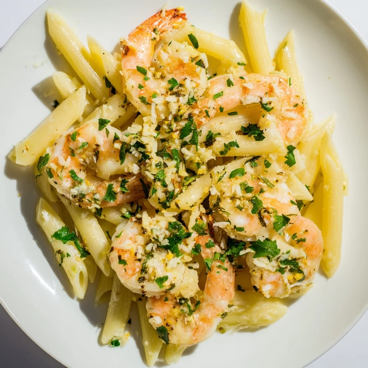 Golden garlic shrimp penne pasta, glistening with a creamy sauce and fresh parsley garnish.