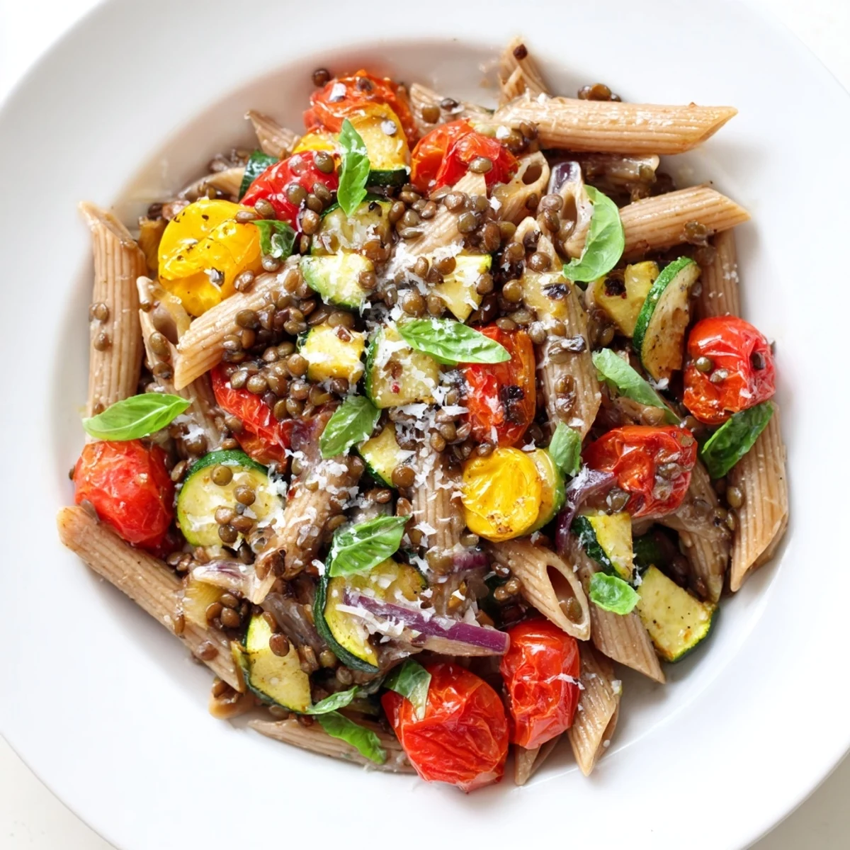 Lentil Pasta with Vegetables, a vibrant medley of roasted vegetables with hearty pasta, ready to eat.
