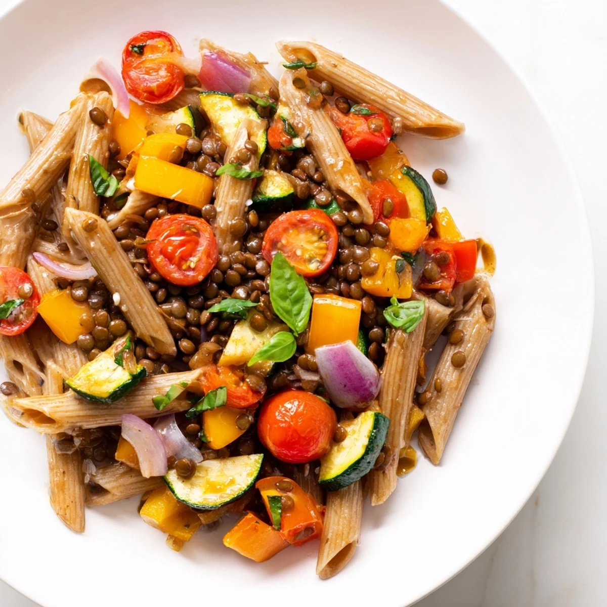 Warm and fragrant Lentil Pasta with Vegetables, a colorful Italian vegetarian dish with fresh herbs.