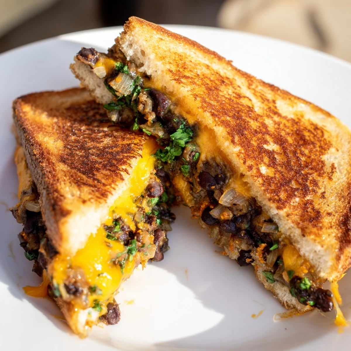 Gooey melted cheddar and savory black bean grilled cheese ready for a flavorful bite.