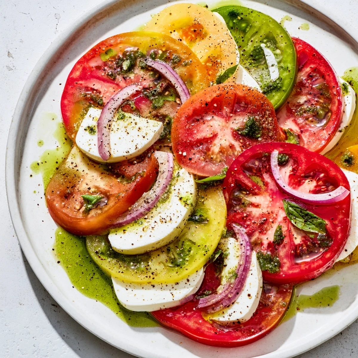Fresh Summer Tomato Salad with basil oil: a colorful view of sliced tomatoes, mozzarella, and vibrant herbs.