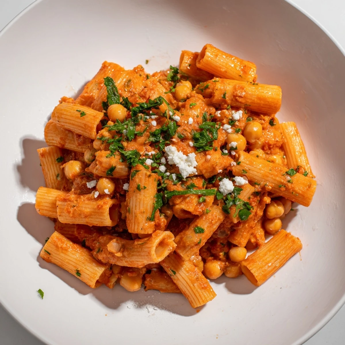 Steaming bowl of Harissa Chickpea Pasta, brimming with vibrant sauce and herbs, ready to be enjoyed.