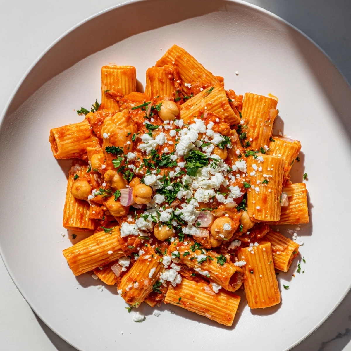Close-up of the delicious Harissa Chickpea Pasta glistening, perfectly coated pasta with chickpeas and flavorful sauce.