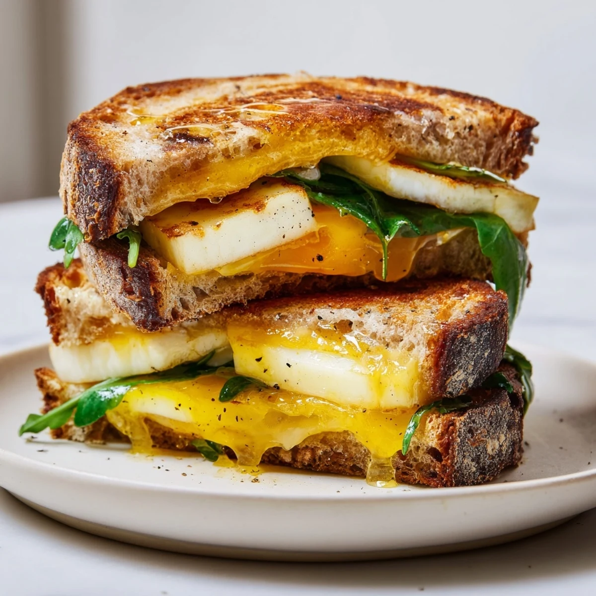 Golden-brown Crispy Halloumi Grilled Cheese, ready to be sliced, offering a perfect cheese pull.