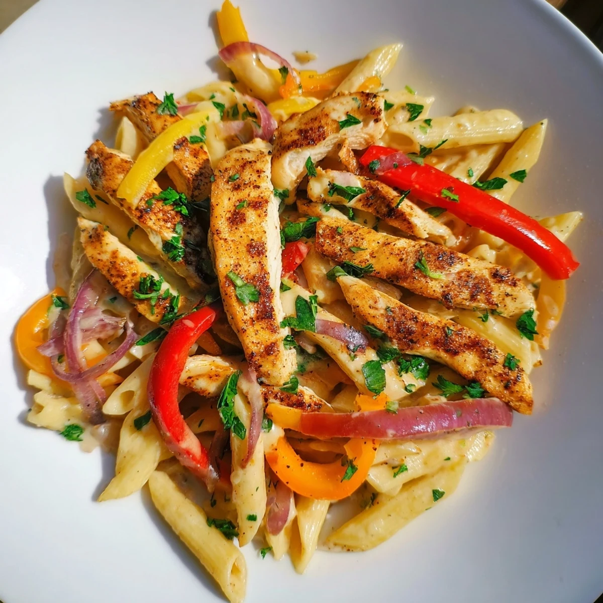 Golden Cajun Chicken Pasta, with creamy sauce and colorful bell peppers, ready to serve.