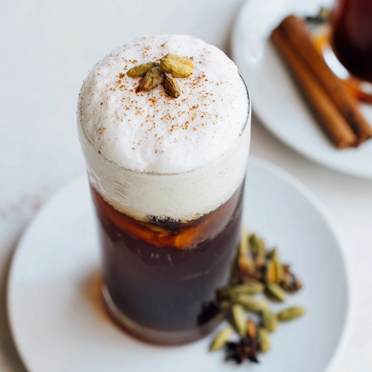 A tall glass of Homemade Iced Chai, topped with fluffy cold foam, a perfect summer drink.