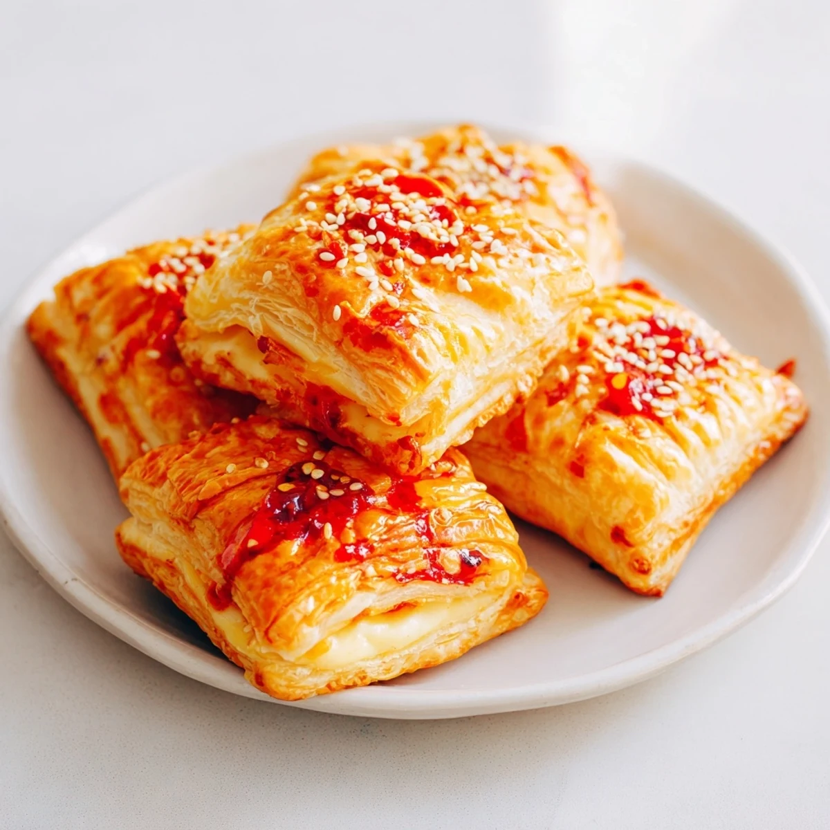 Golden, flaky Chili Crisp Honey Brie Bites, warm and oozing cheesy goodness ready to eat.