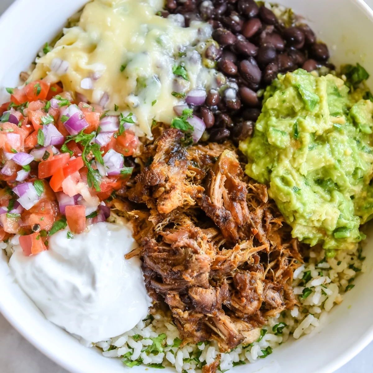 Copycat Chipotle Burrito Bowl piled high with tender carnitas, creamy queso, and fresh salsa.