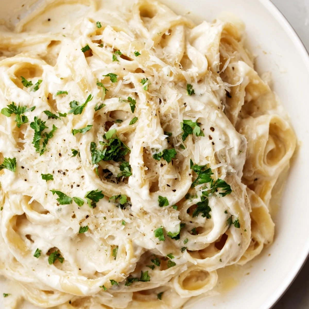 Creamy, dreamy cottage cheese Alfredo sauce over pasta, with fresh parsley garnish; Italian-American comfort food.