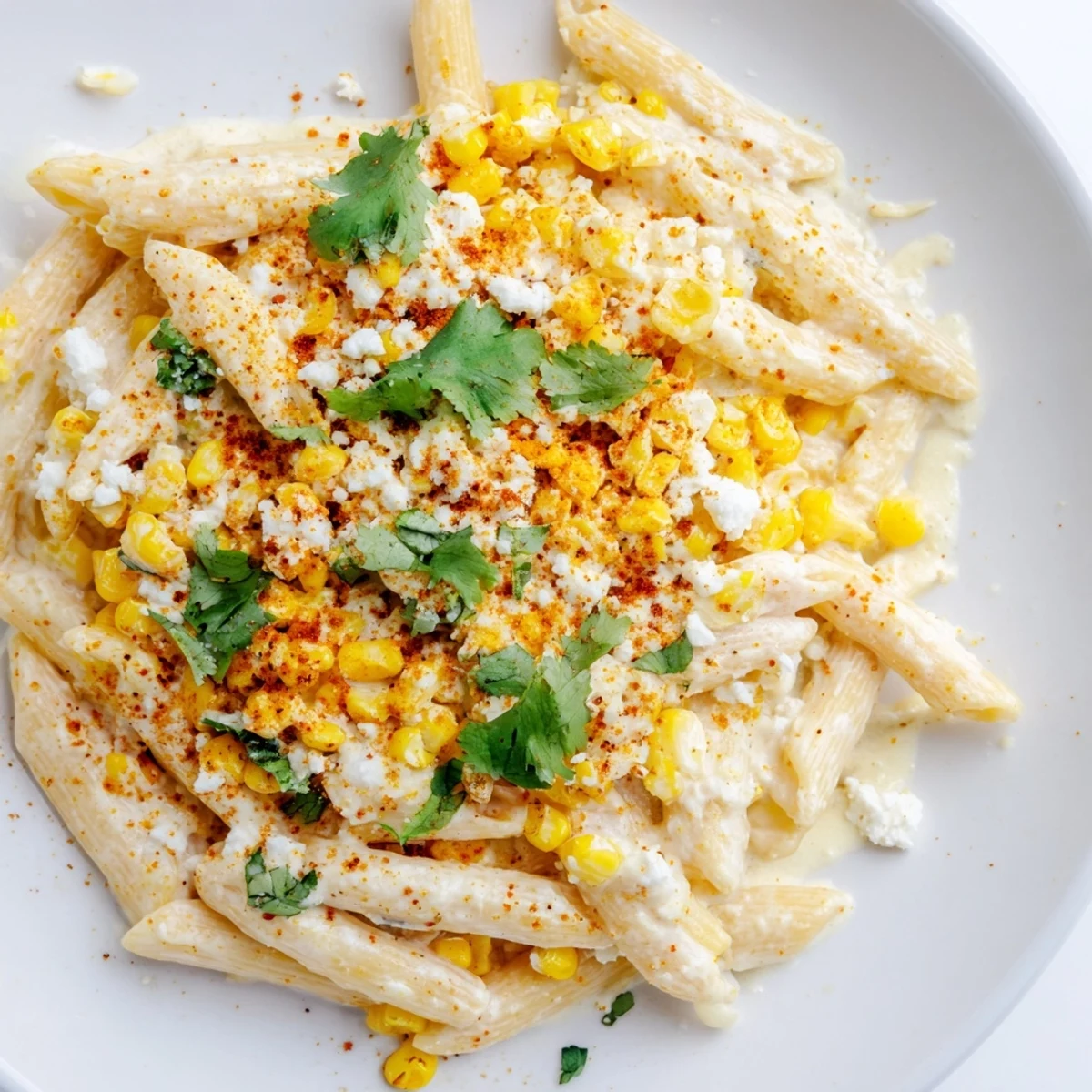 Golden, charred corn mingled in Mexican Street Corn Pasta, ready to devour with a tangy, creamy sauce.
