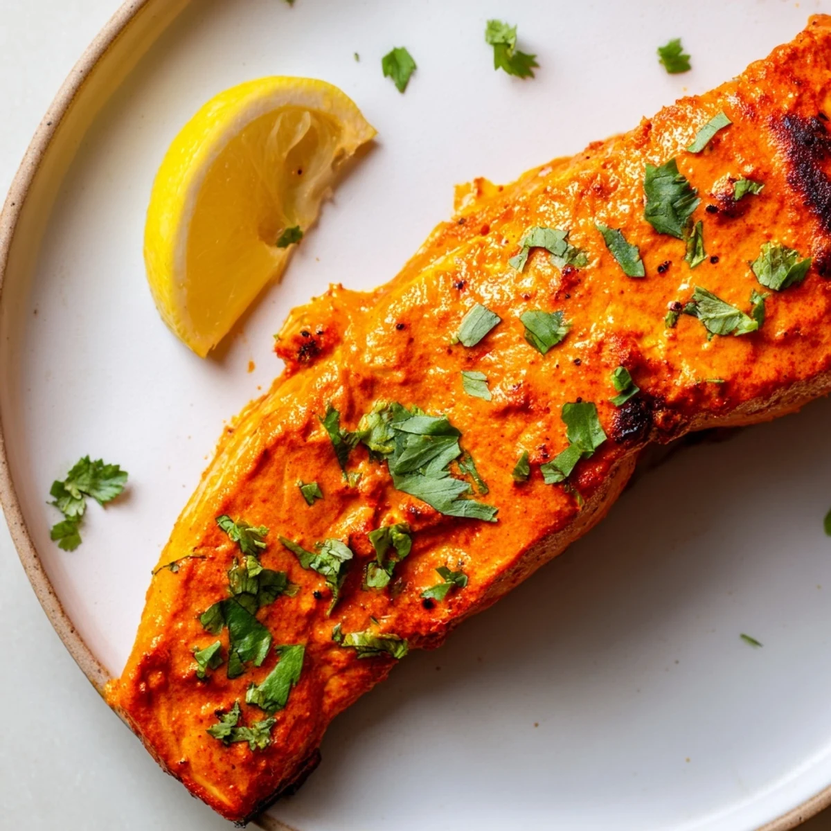 Bright red-orange Indian tikka salmon, a delightful main dish with flaky, tender texture.