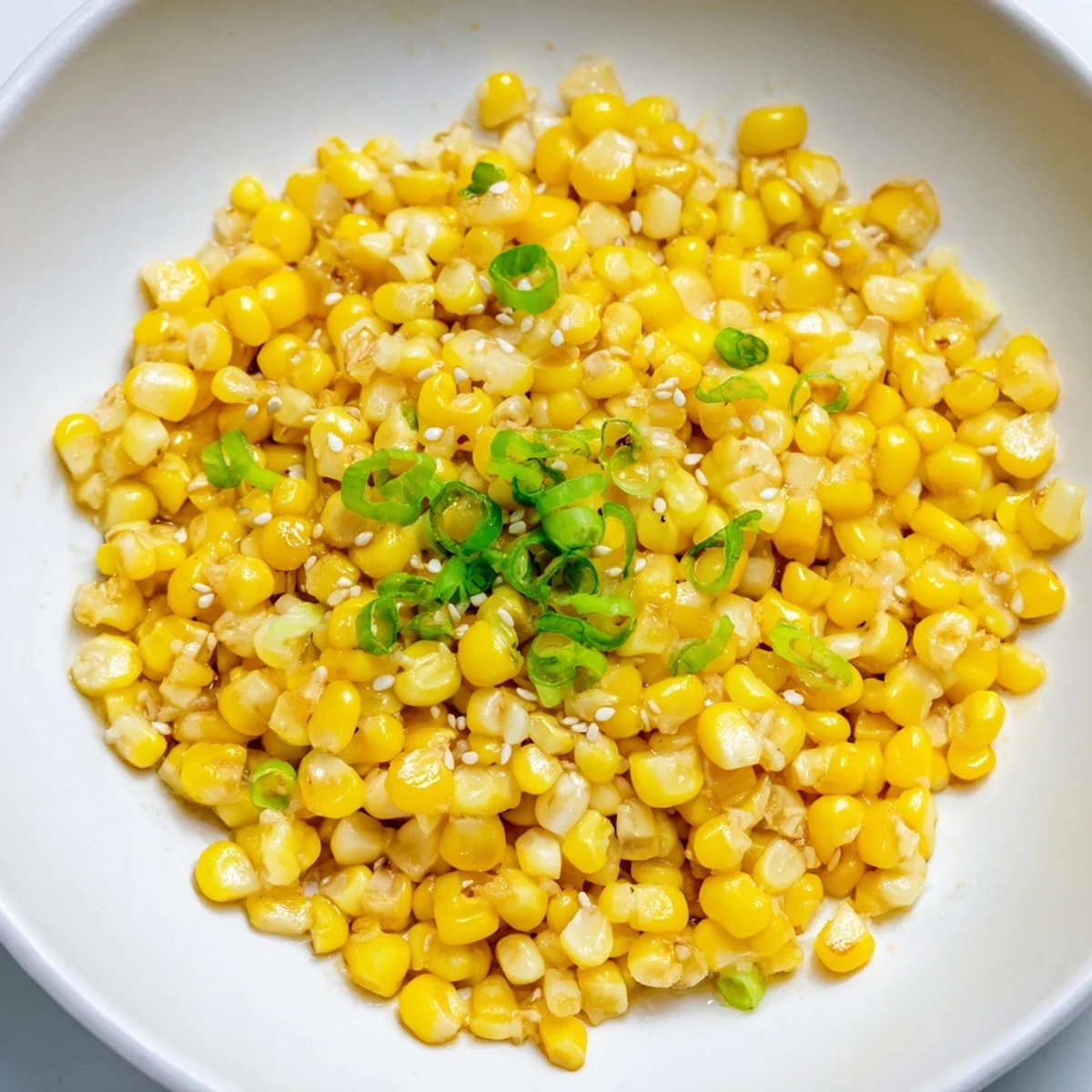 Freshly cooked Japanese Butter Corn, glistening and garnished with green scallions, perfect as a side dish.