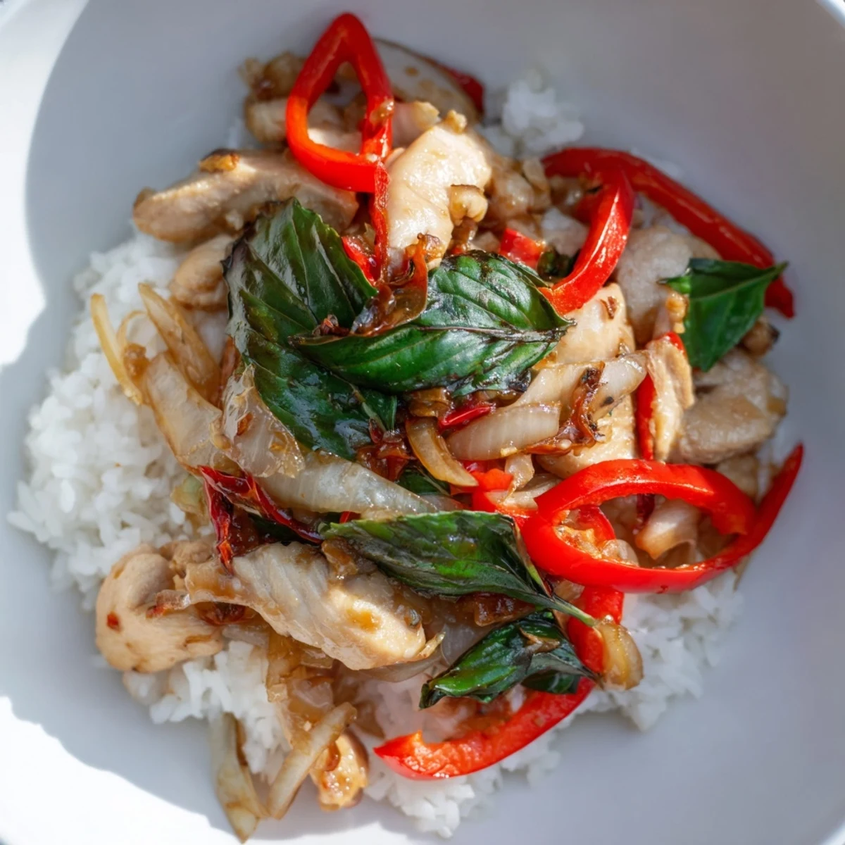 Steaming Thai Basil Chicken Bowls atop fluffy jasmine rice, ready to be devoured.