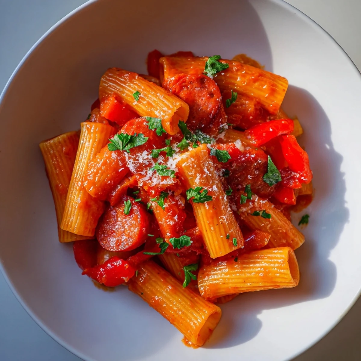 Steaming Spanish chorizo pasta with vibrant tomatoes and fresh parsley, ready to serve and enjoy.