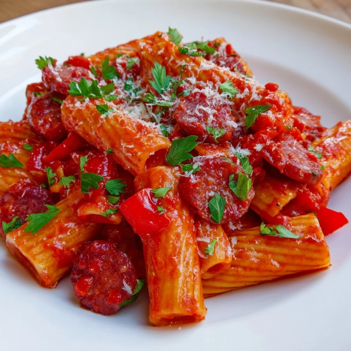 Close-up of a flavorful Spanish chorizo pasta dish, highlighting the smoky chorizo and chunky vegetables.